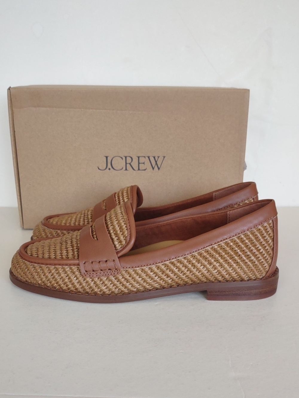 BRAND NEWJ. Crew Brown Woven Raffia Penny Loafers
